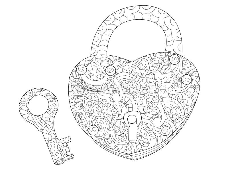 Lock and key coloring book for adults raster stock illustration