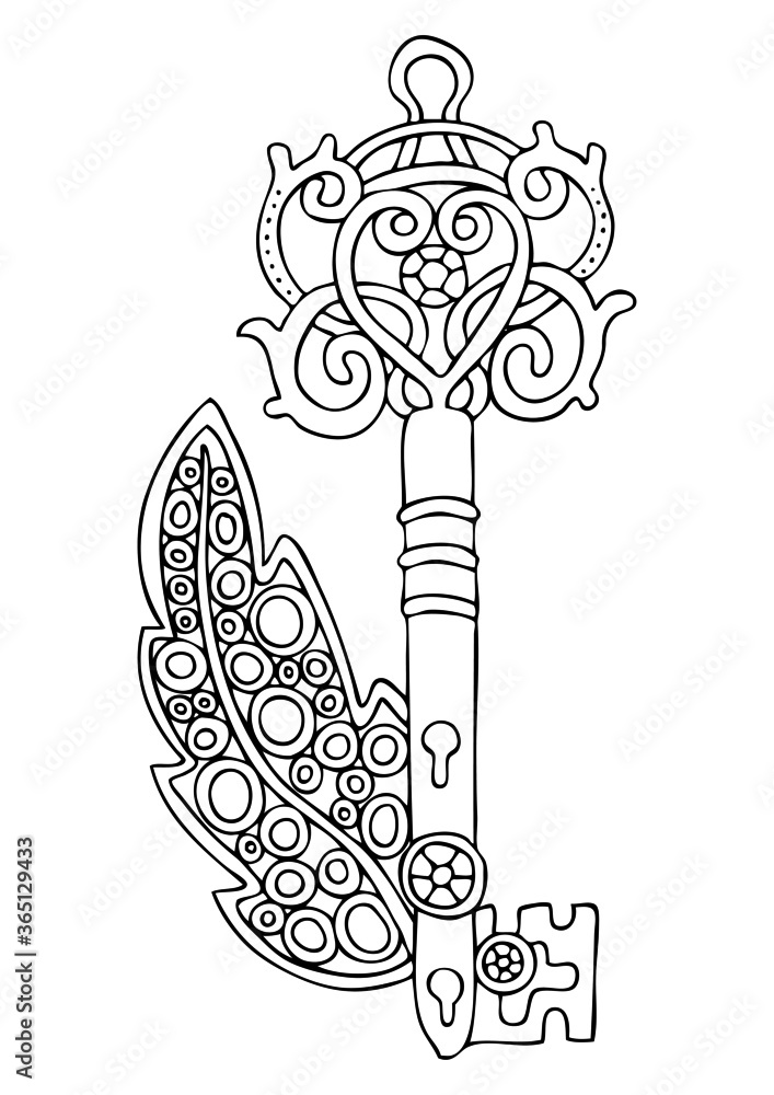 Hand drawn ornamental vintage key sketch for anti stress adult coloring page vector illustration vector