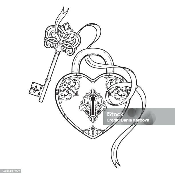 Key and heart shaped padlock in vintage style coloring book page for kids and adults hand drawn line art print or tattoo design vector illustration stock illustration