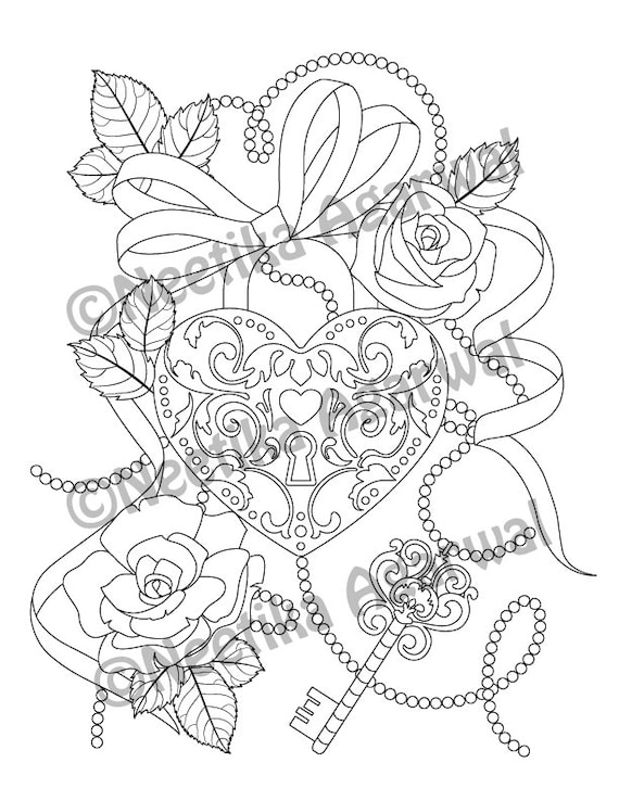 Heart lock and key valentine adult coloring page valentines day coloring page printable coloring page digital download