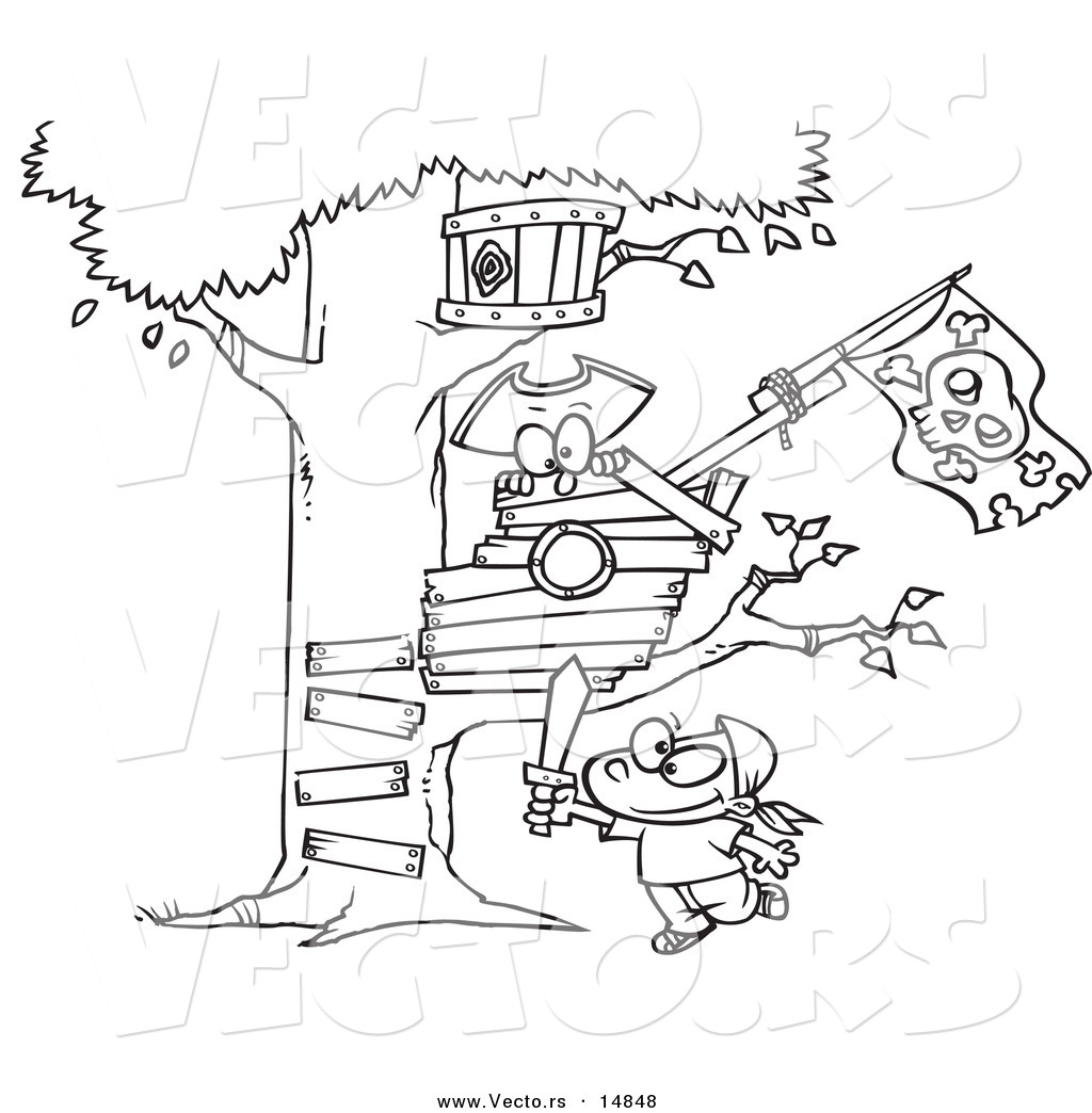 R of a cartoon boy playing near his pirate tree house