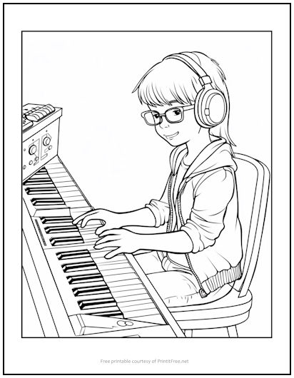 Girl playing keyboard coloring page print it free