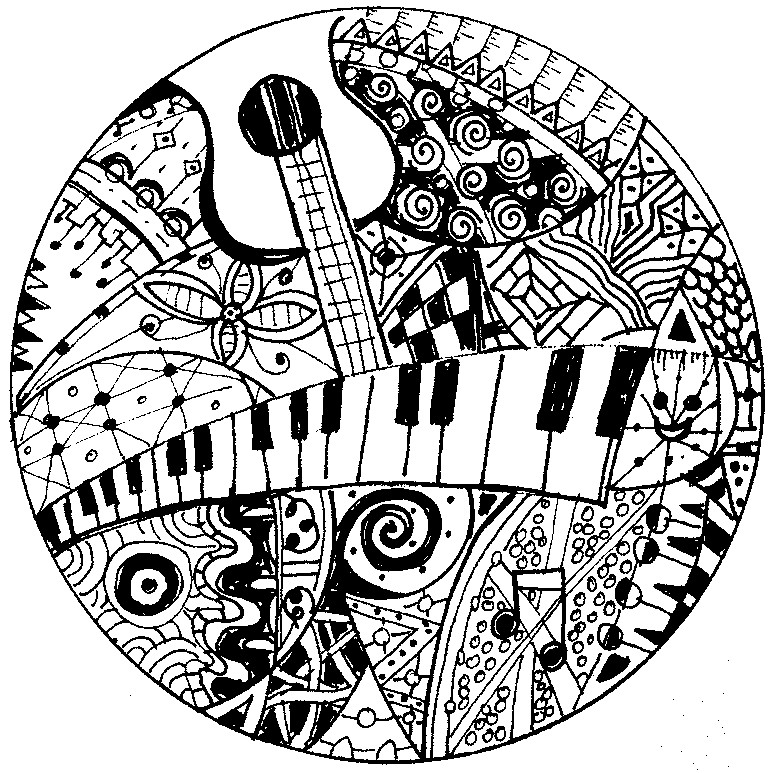 Art therapy coloring page music keyboard and guitar