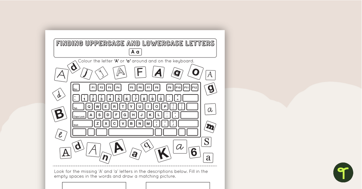 Recognising uppercase and lowercase letters on a keyboard worksheet teach starter