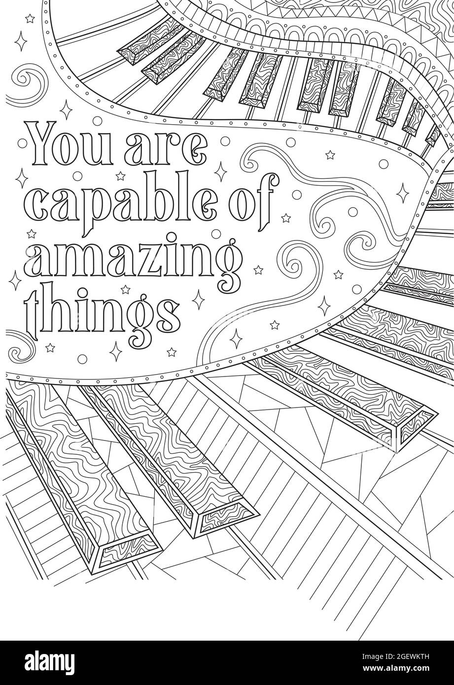 Keyboard line drawing beside an inspirational message piano keys beside inspiration thought saying you are capable of amazing things coloring book stock vector image art