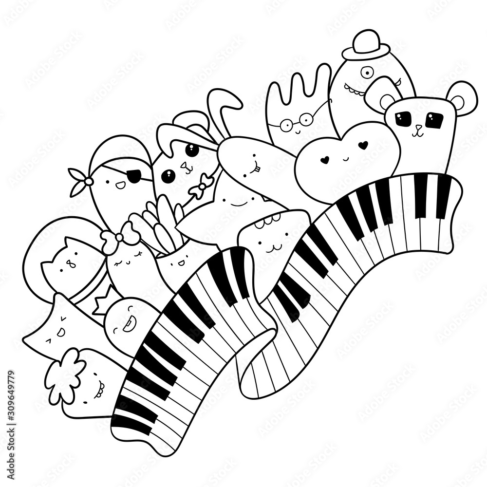 Musical doodle illustration piano keys with kawaii creatures cute monsters and animals pattern for coloring page or design print easy to change color inside of objects vector