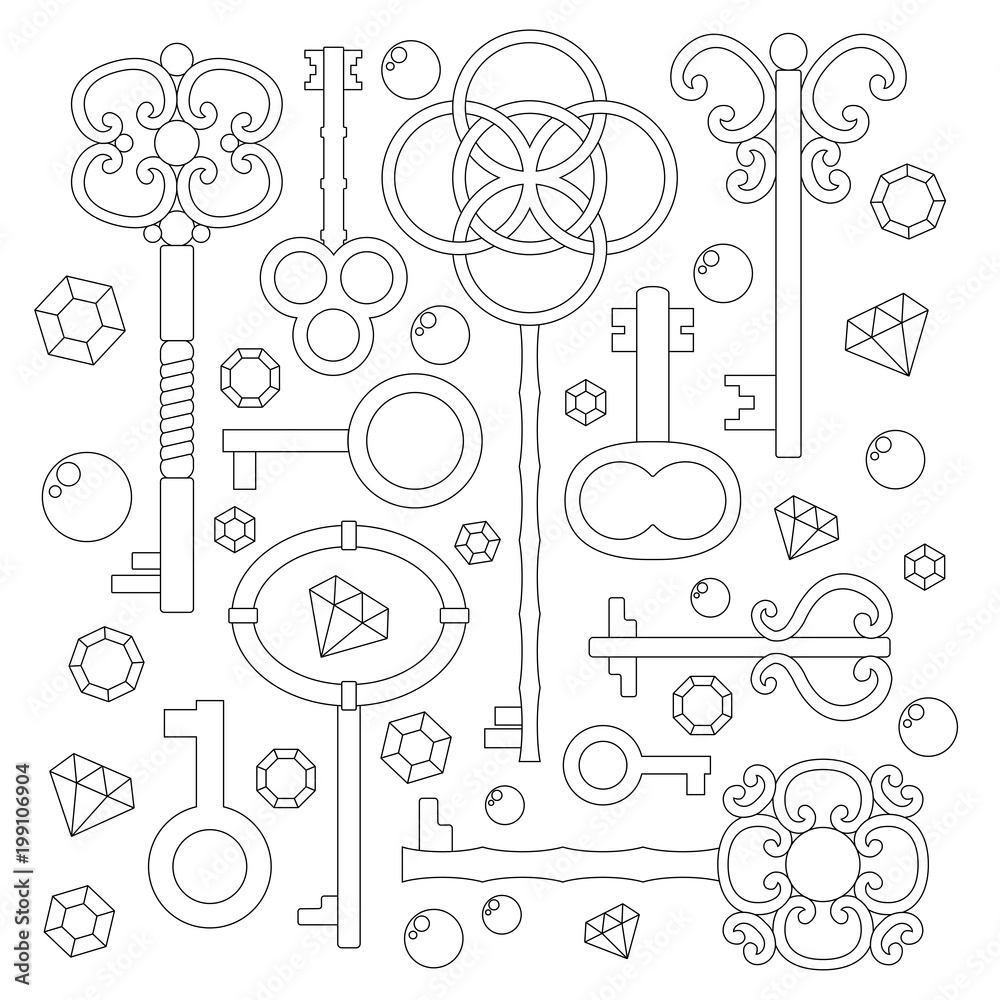 Coloring page or outlines on white vintage keys and jewels vector