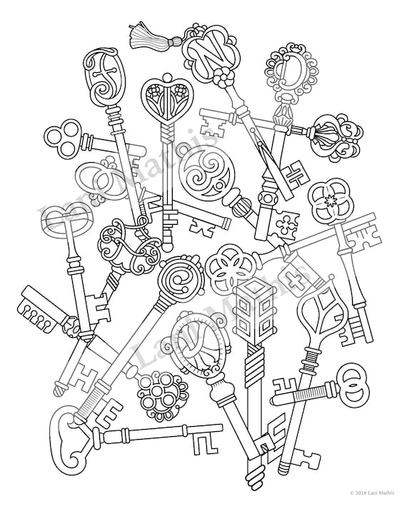 Coloring page digital download skeleton keys secret message vintage keys download now