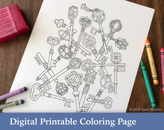 Coloring page digital download skeleton keys secret message vintage keys