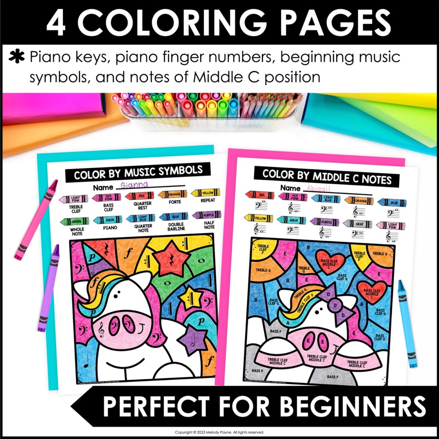 Unicorns beginning piano coloring pages for first piano lessons