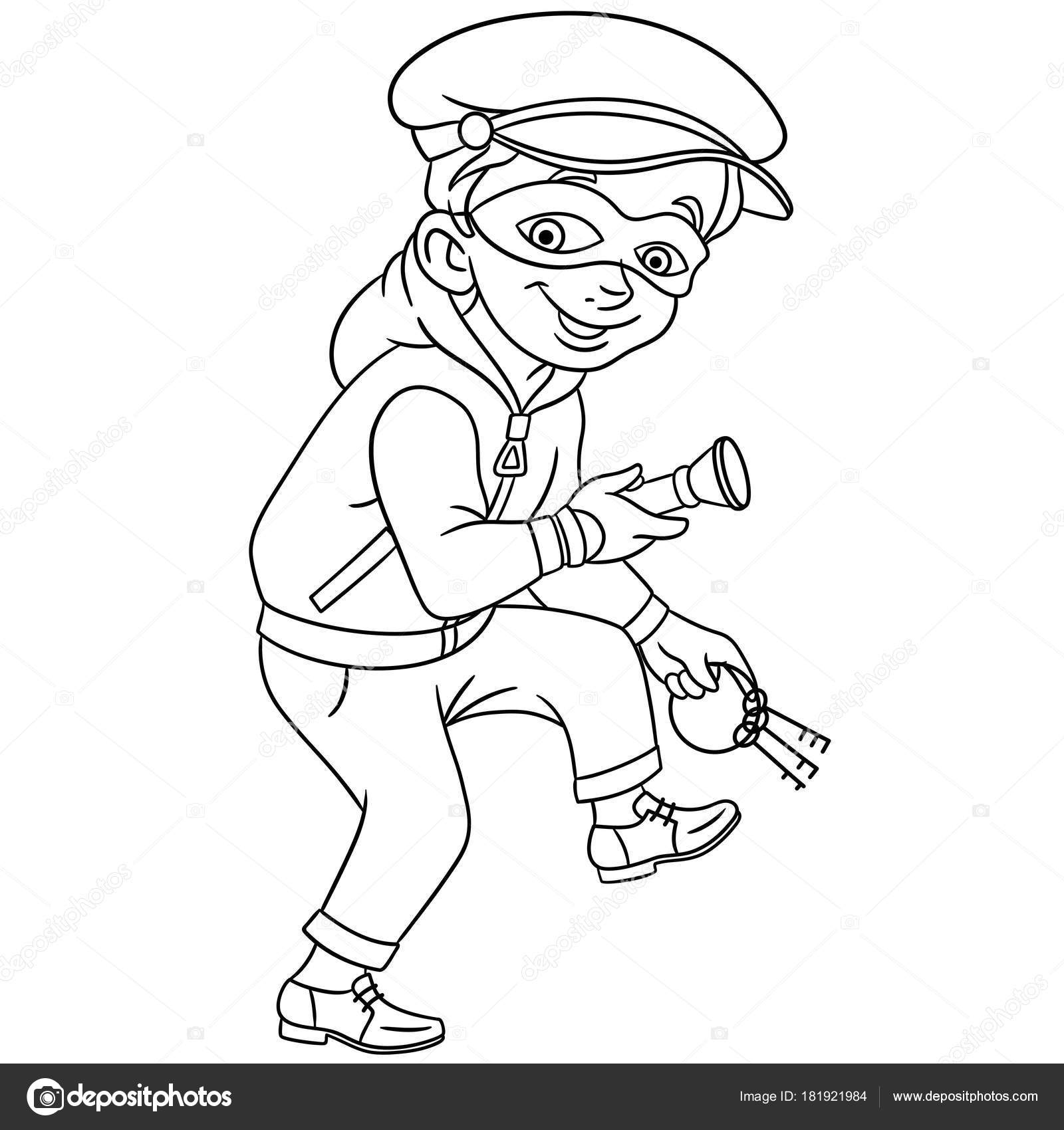 Coloring page cartoon criminal thief house bank keys flashlight running stock vector by sybirko