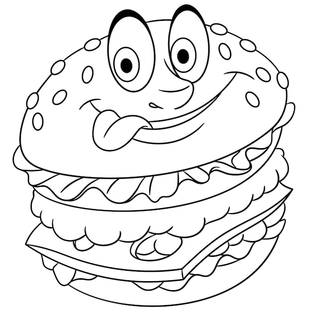 Premium vector cute cheeseburger cartoon funny food emoji face kids coloring page