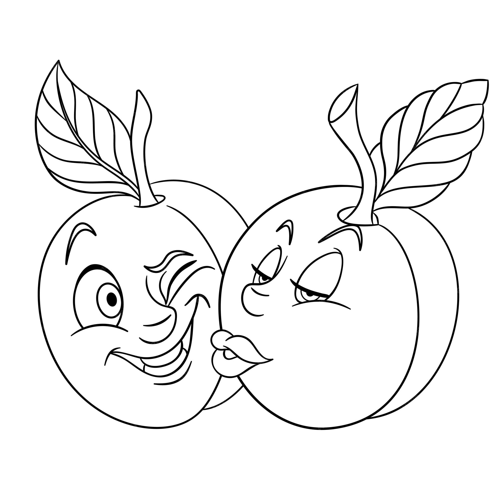 Premium vector cute plum and apricot kissing cartoon funny food emoji face kids coloring page