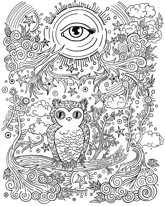 Owl all seeing eye stars and rainbows downloadable pdf for coloring download now