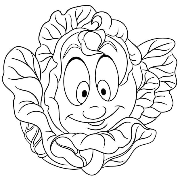 Premium vector cute cabbage head with leaves cartoon funny food emoji face kids coloring page