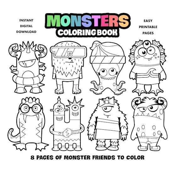 Monsters coloring book for kids printable coloring pages for children boys and girls digital download arts and crafts halloween activity