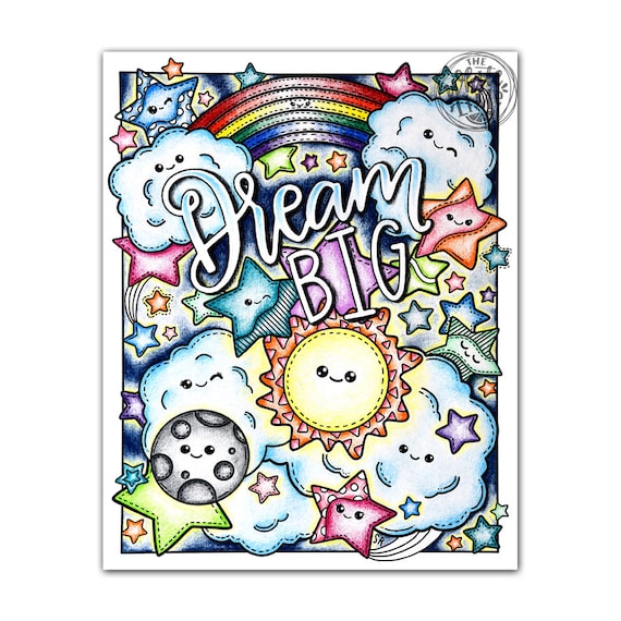 Coloring pages for kids printable rainbow coloring page kawaii coloring page dream big kawaii art print coloring page for kids download