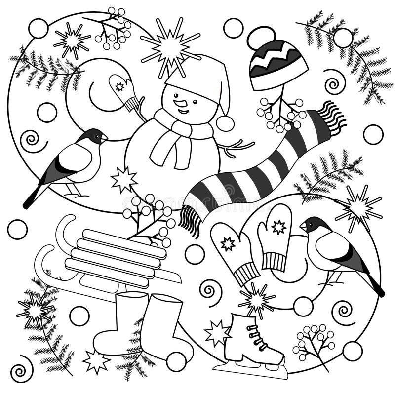 Winter coloring pages for kids and adults stock illustration