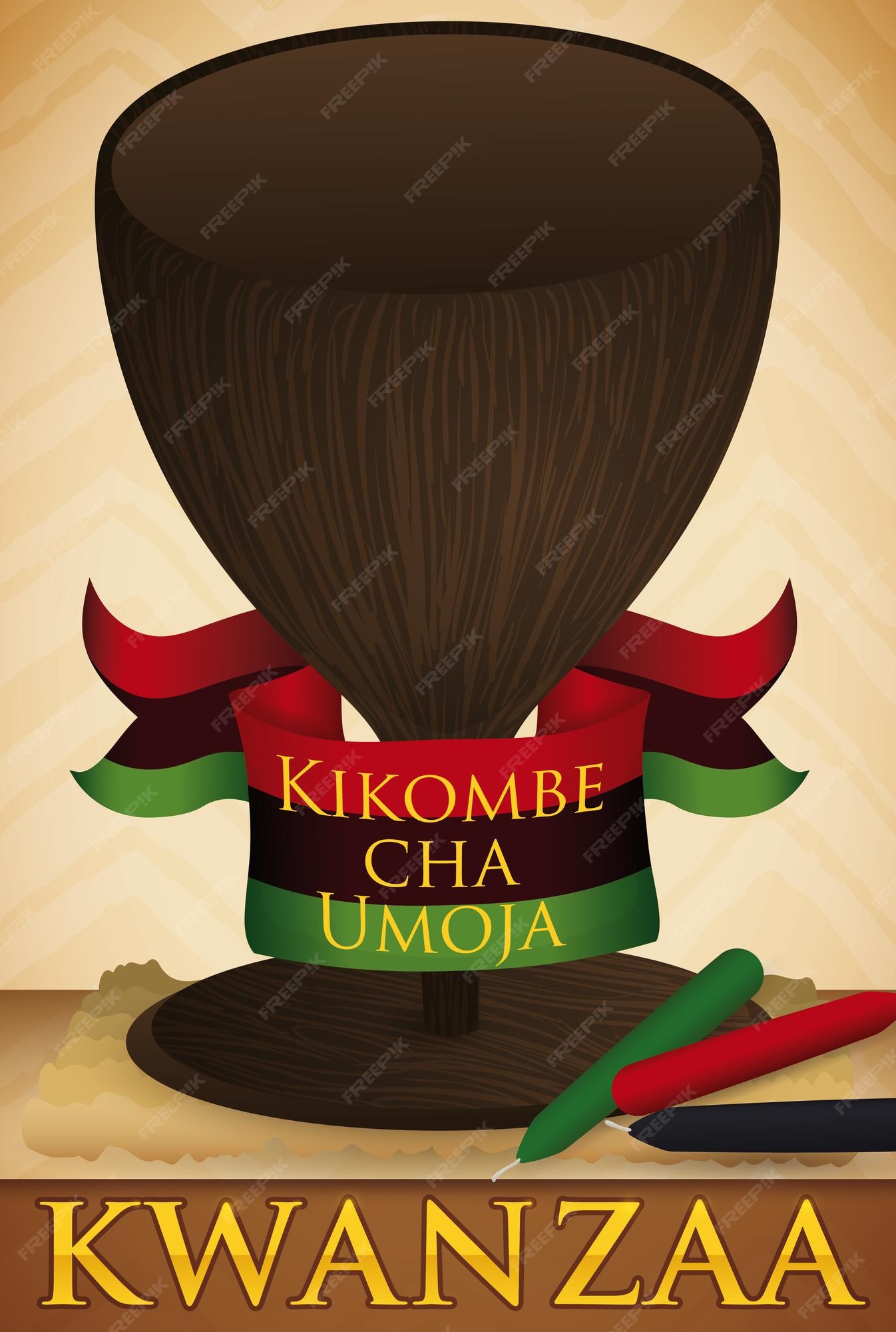 Premium vector unity cup or kikombe cha umoja decorated with flag and some candles over the mat for kwanzaa