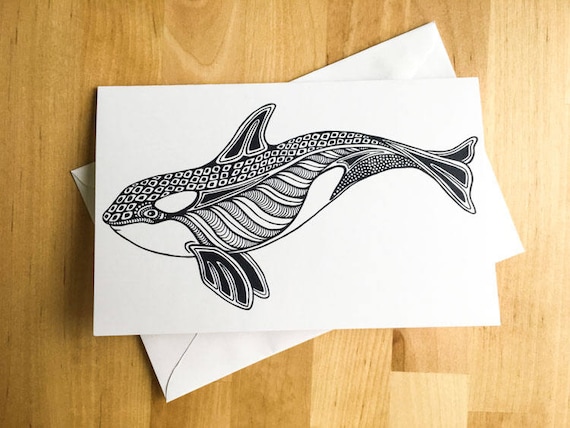 Orca whale animal coloring card diy art kids crafts paint do it yourself decor meditation relax therapy gift for her him stocking stuffer