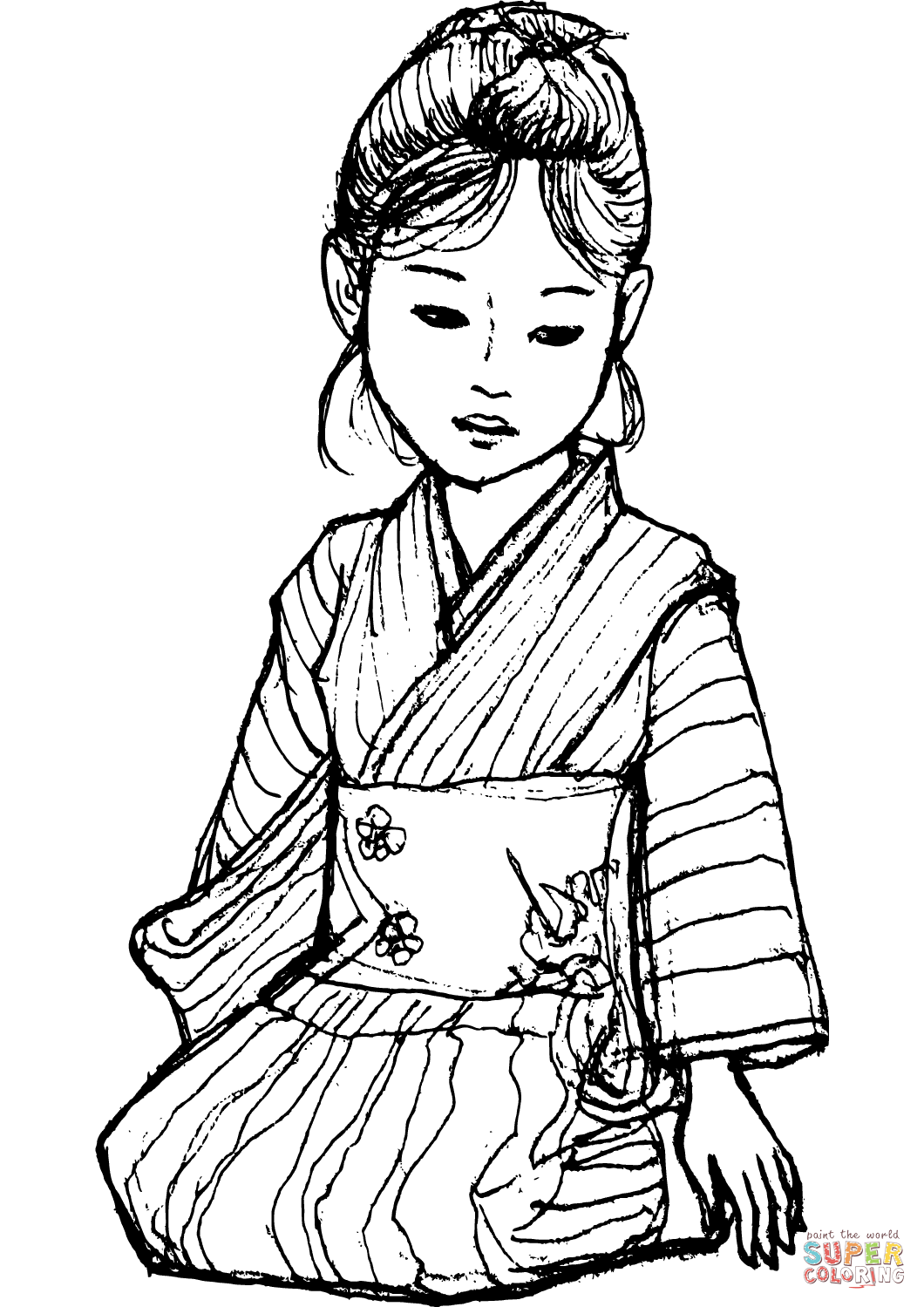 Japanese girl in kimono coloring page free printable coloring pages