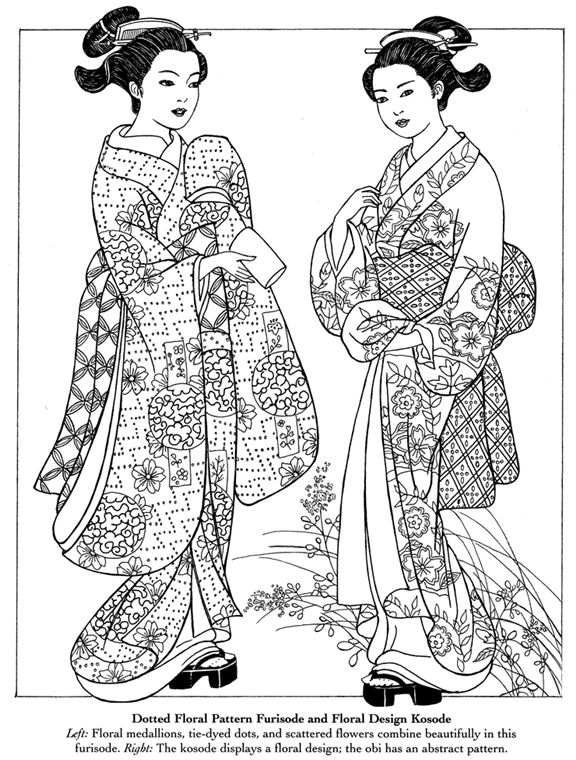 Japanese women in kimonos adult coloring pages coloring pages coloring books