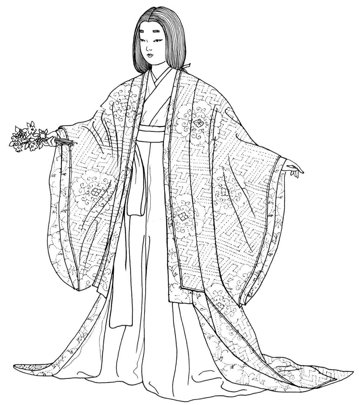 Ashikaga period lady of the court summer costume silk consist of two robes covering a kimono skirt tiâ fashion coloring book coloring books japanese drawings