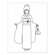 Girl in japanese kimono dress coloring page rubber stamp