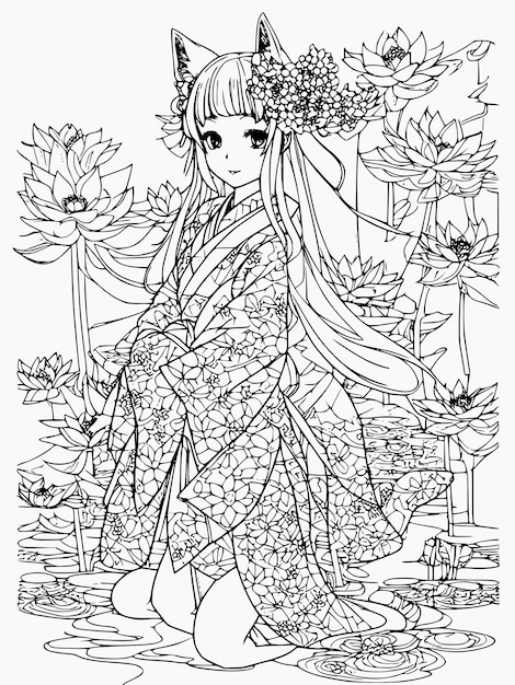 Premium vector a coloring page of a girl in a kimono with flowers and leaves