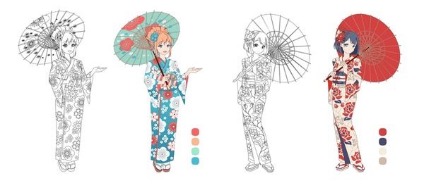 Cartoon girl japanese kimono bilder stockbilder d