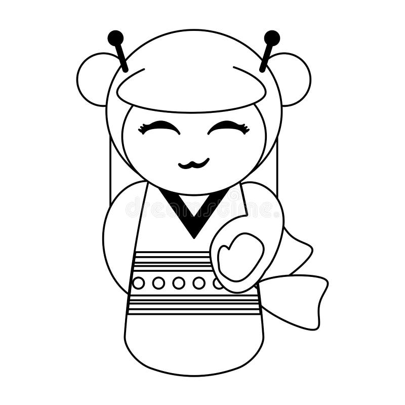 Cute japanese girl with kimono black and white stock vector