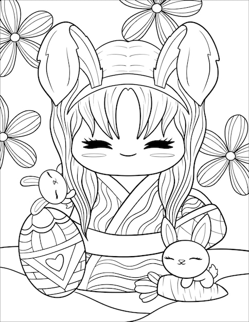 Premium vector a girl in a kimono with a bunny and a bunny on her shoulder hand drawn coloring page