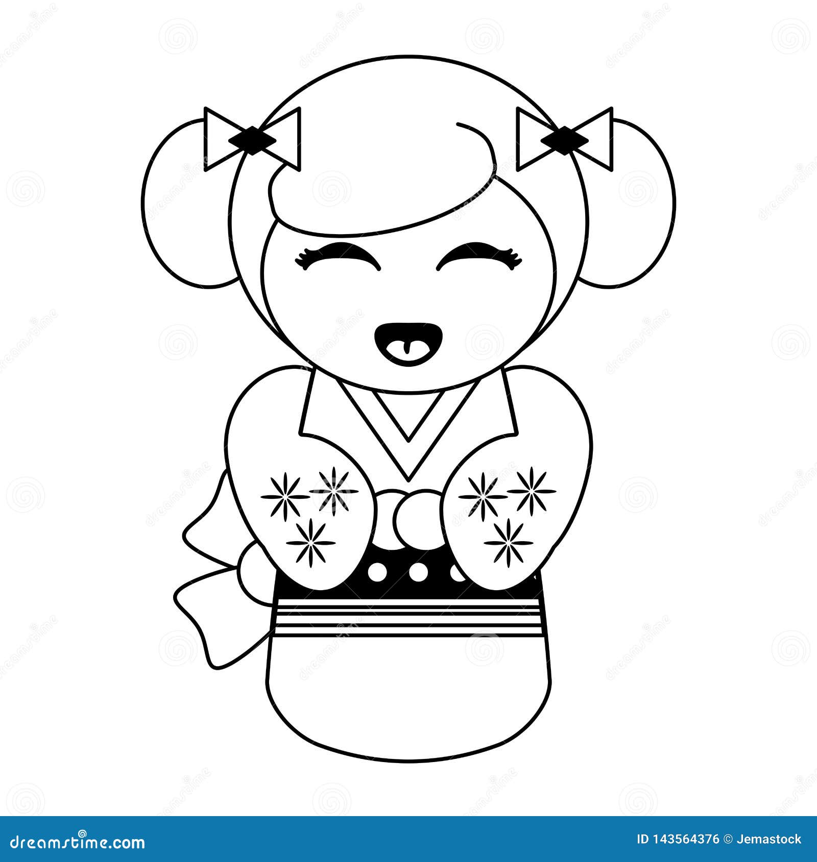 Cute japanese girl with kimono black and white stock vector