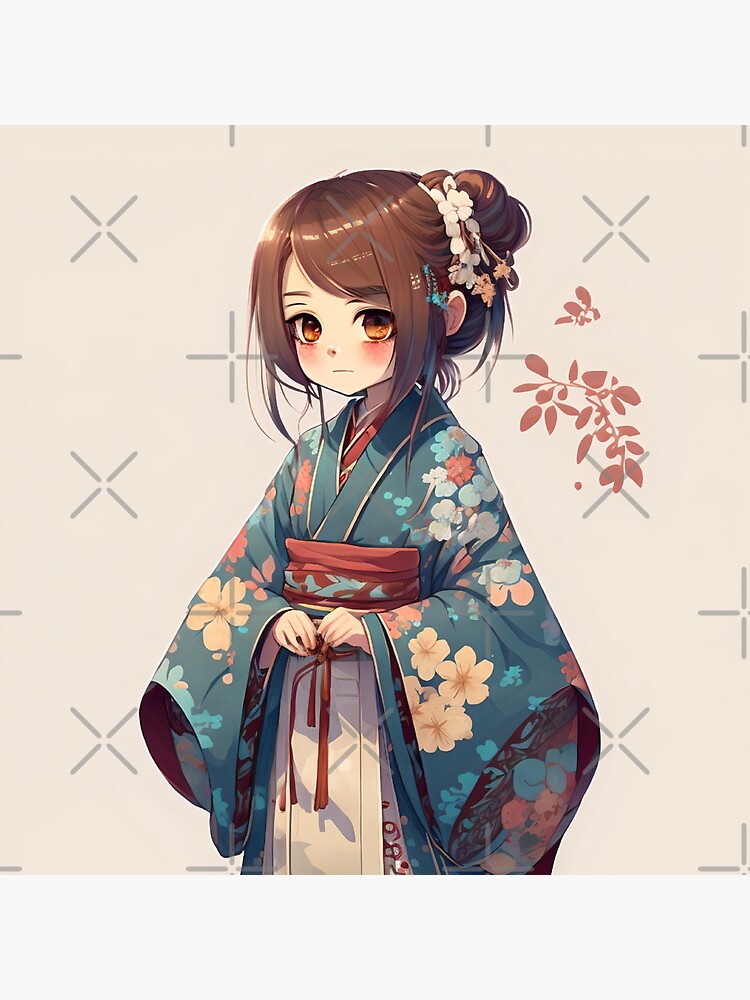 Cute anime girl wearing a blue kimono throw pillow for sale by japanculture