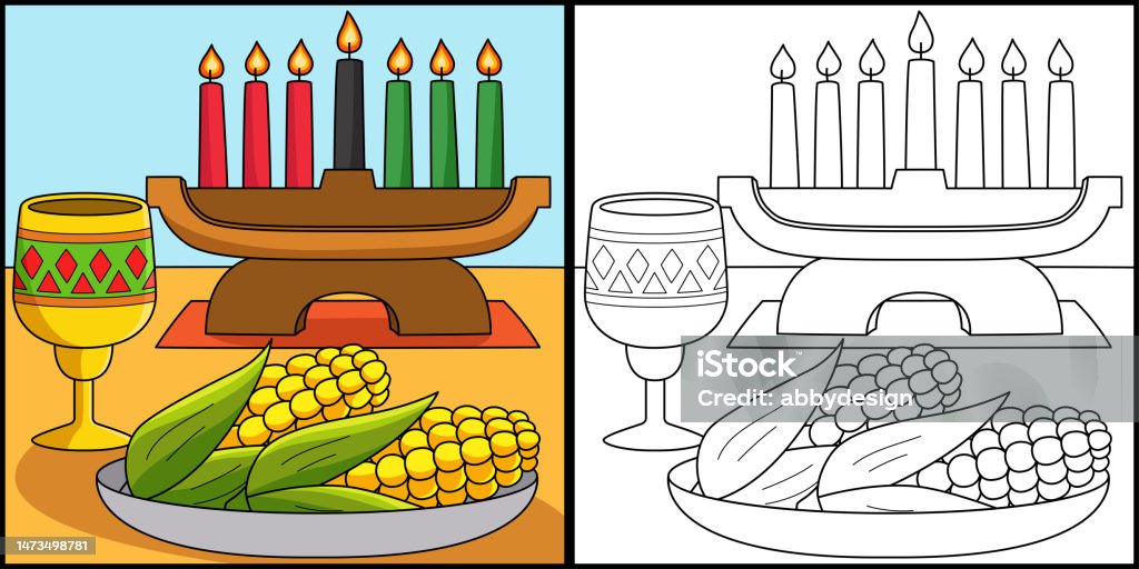 Kwanzaa corn and kinara coloring page illustration stock illustration