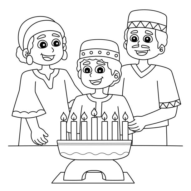 Kwanzaa family and kinara coloring page for kids stock illustration