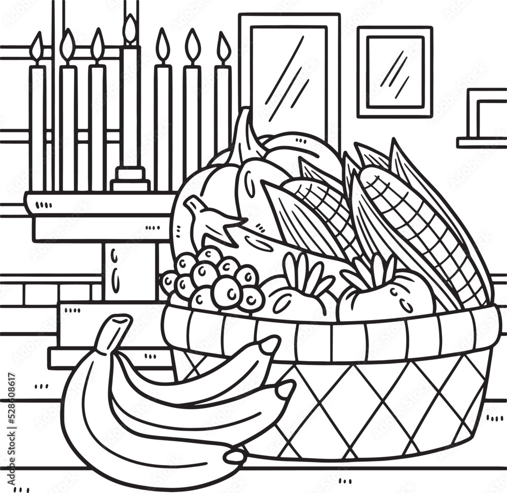 Kwanzaa mazao and kinara coloring page for kids vector