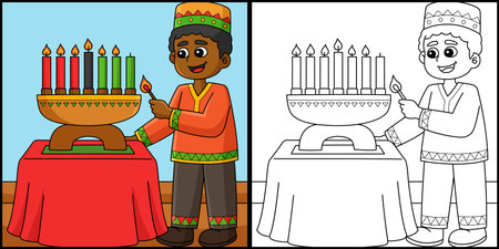 Kwanzaa boy lighting kinara coloring illustration