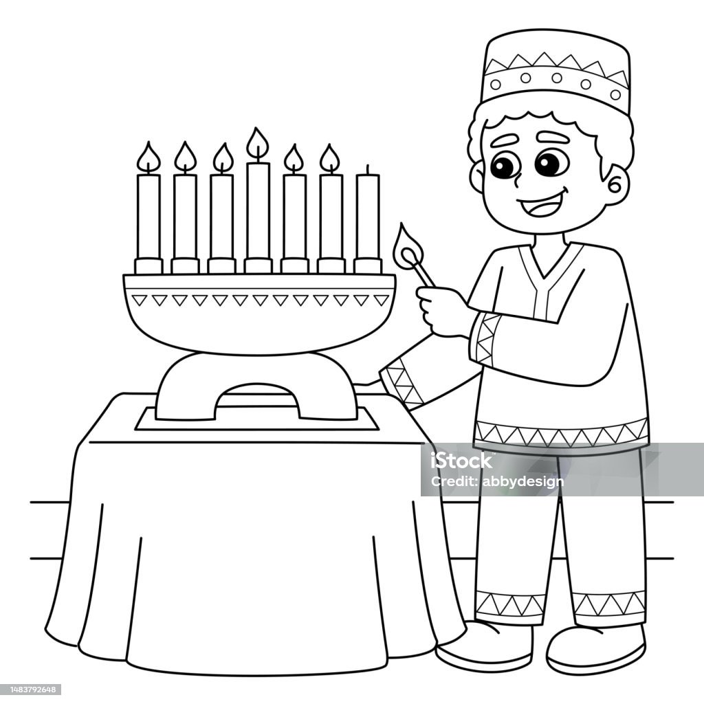 Kwanzaa boy lighting kinara coloring page stock illustration