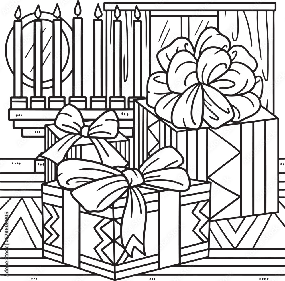 Kwanzaa presents and kinara coloring page for kids vector