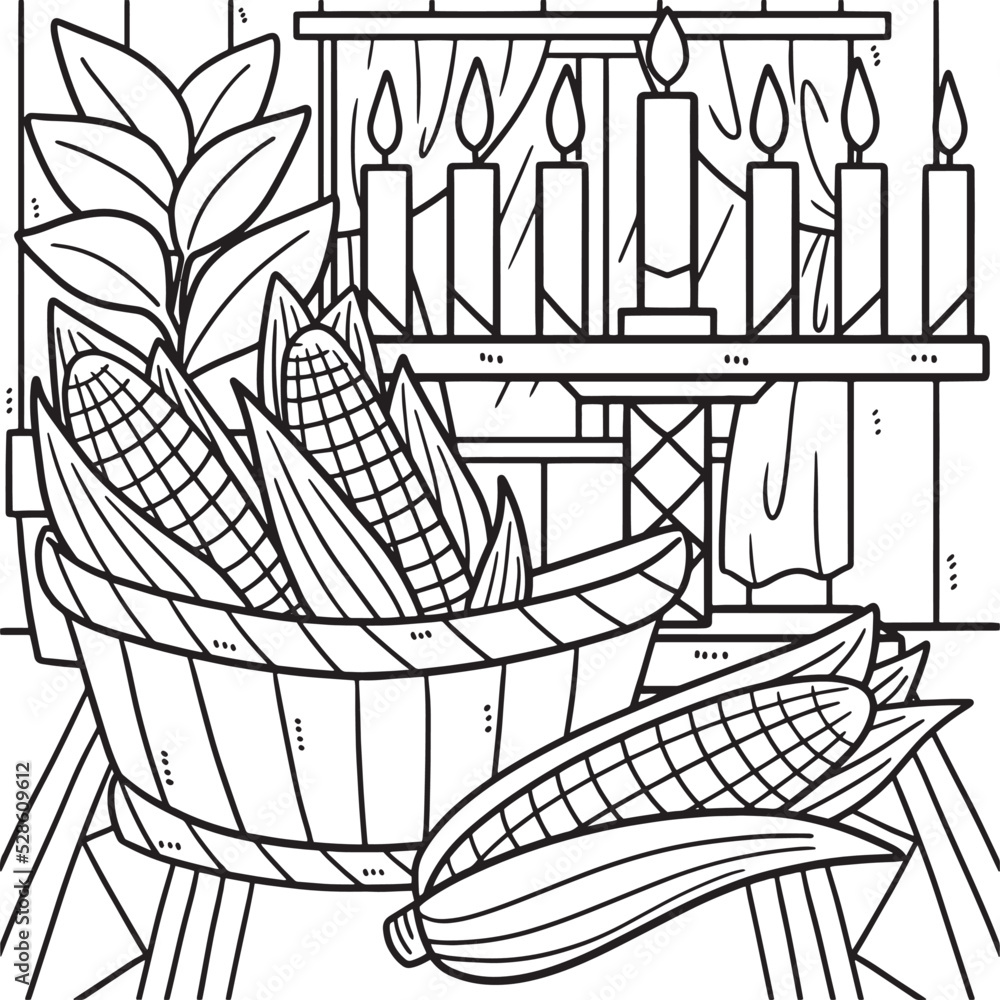 Kwanzaa corn and kinara coloring page for kids vector