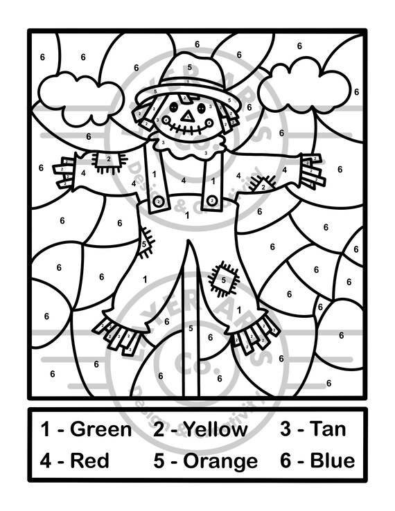 Scarecrow color by number activity page autumn activity sheet fall coloring page seasonal activity elementary preschool kindergarten color
