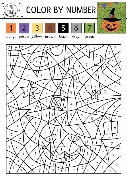 Premium vector vector halloween color by number activity with cute pumpkin lantern in wizard hat autumn holiday coloring and counting game funny coloration page for kids with jack