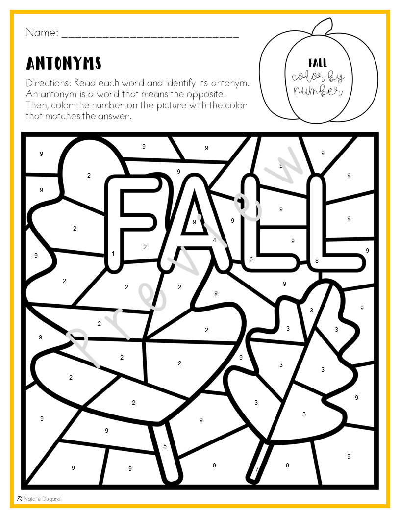 Fall coloring pages language arts color by number made by teachers