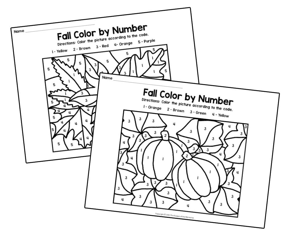 Free printable fall color by number preschool worksheets