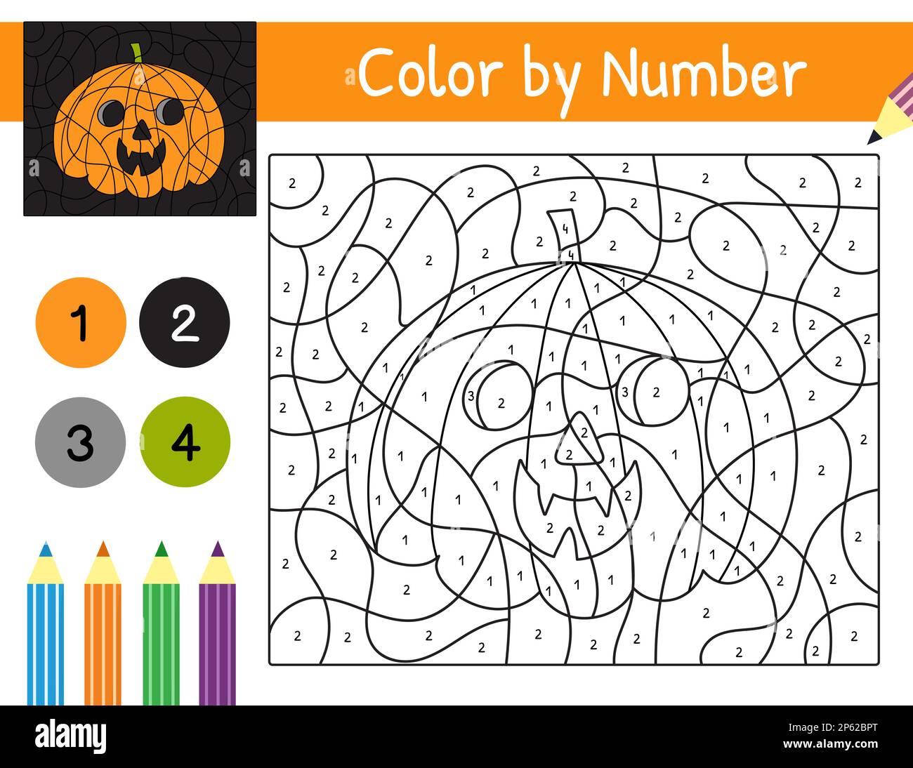 Halloween pumpkin color by number game for kids coloring page stock vector image art