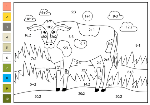 Math color by number cow free printable coloring pages