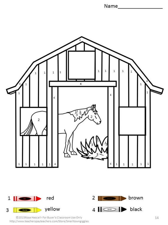 Farm color by number coloring pages fine motor skills math color recognition literacy preschool kindergarten special education esl