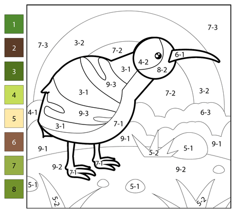 Subtraction color by number kiwi free printable coloring pages