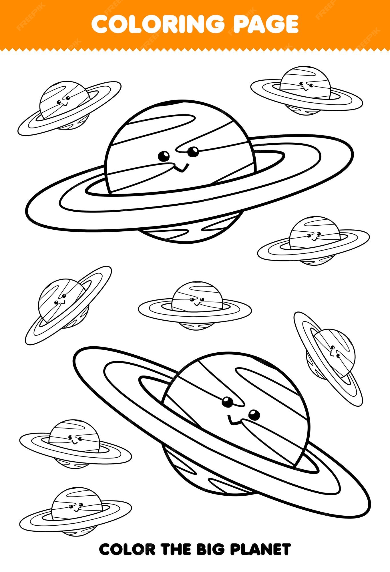 Premium vector education game for children coloring page big or small picture of solar system planet with ring line art printable worksheet